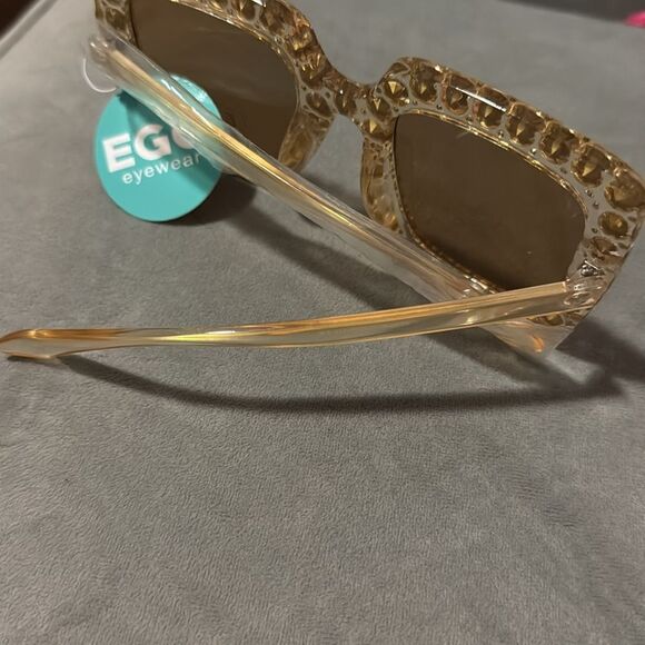 EGO Brown Glamorous Sunglasses with Crystal Details Large Rectangle Frame NWT - Picture 3 of 3